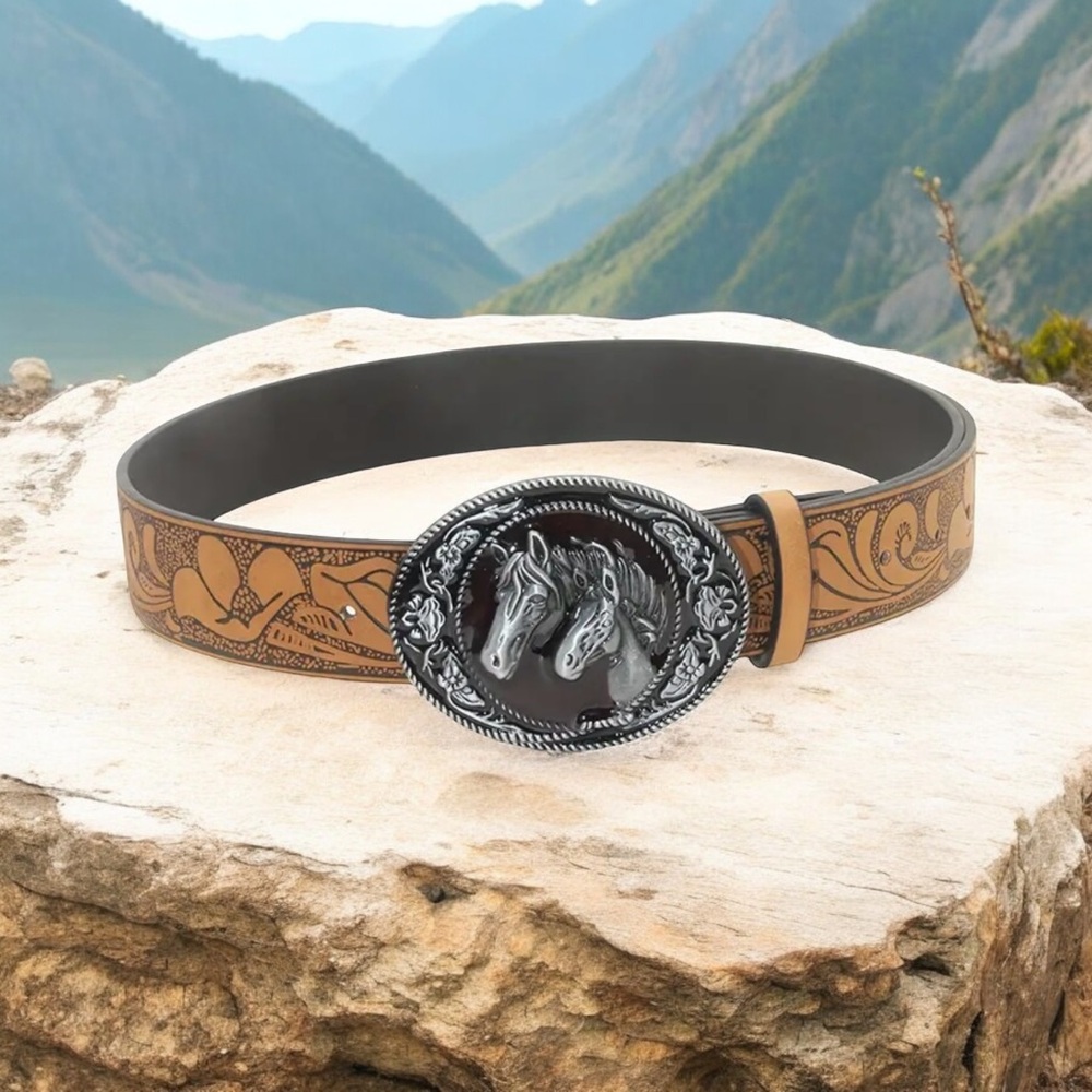 Western Tooled Leather Belt with Horse Buckle - Tan